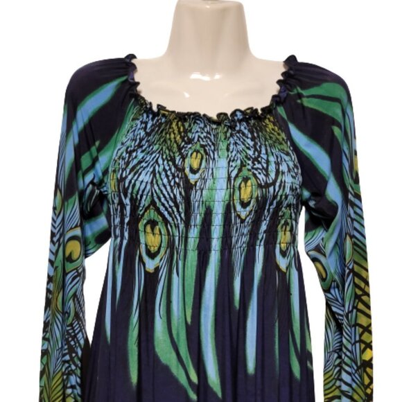 Long Sleeve Maxi Dress Peacok Motif Long Dress - One Size Fits Most- NEW ! - Picture 4 of 12